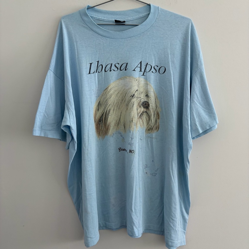 Vintage Platinum Lhasa Apso Dog Graphic T-Shirt Branson MO Light Blue XXL